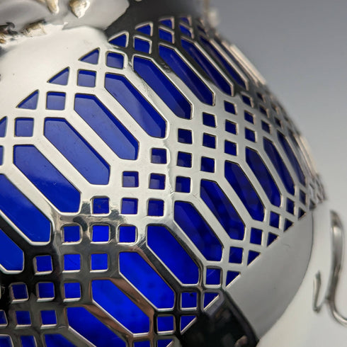 英国ヴィンテージ ブルーインナー シルバープレート製 バスケット